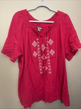 Catherine’s 3x plus Embroidered Short-Sleeve Top Hot Pink white 100 cotton boho